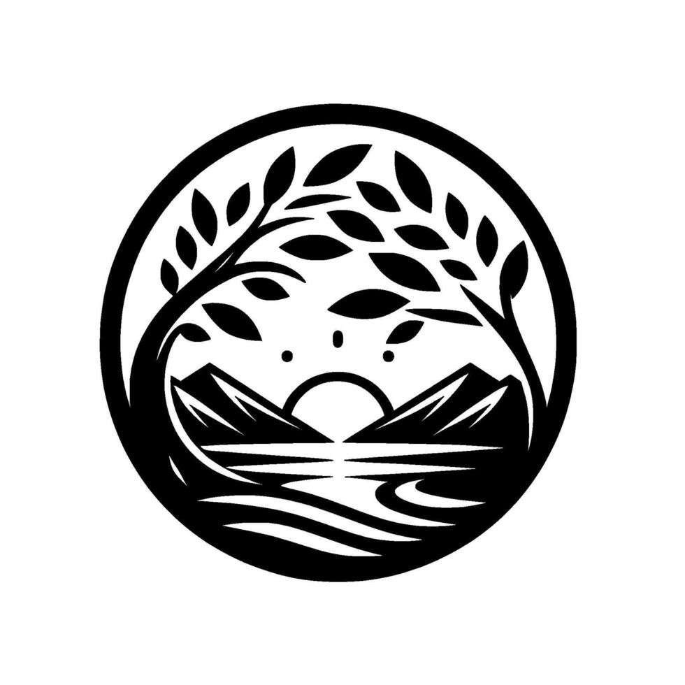 Intricate Black and White Circular of a Mountainous Landscape with Trees, Sun, and Water, Serene Nature Artwork vector