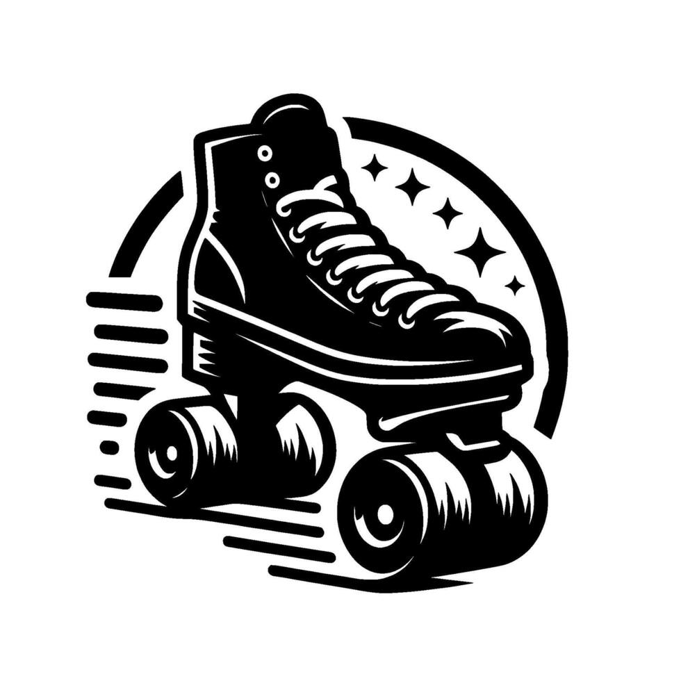 Illustration of a Black Roller Skate with Motion Lines, Star Embellishments Inside a Circular Frame, on a White Background. vector