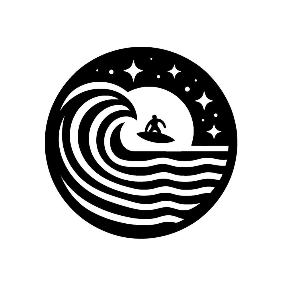 Black and white circular emblem featuring a surfer riding a wave under a starry night sky, minimalist . vector