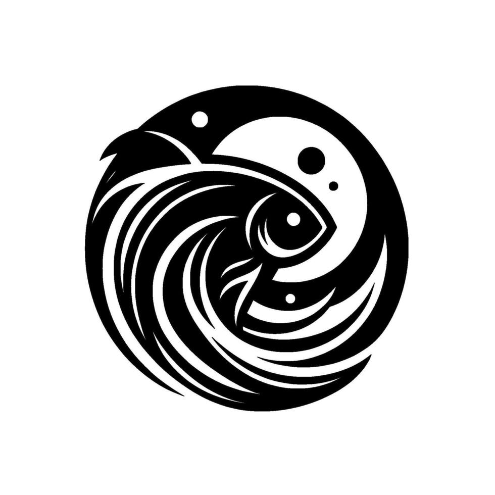 A stylized, black and white illustration of a fish swimming within a circular YinYang inspired . vector
