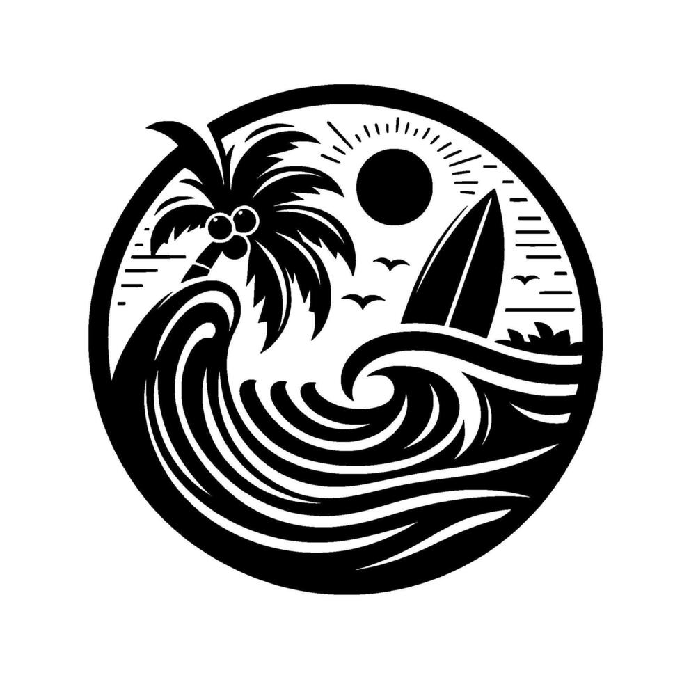 Black White Beach Scene in a Circle Palm Tree, Surfing Wave, Surfboard, Sun, and Birds, a . vector