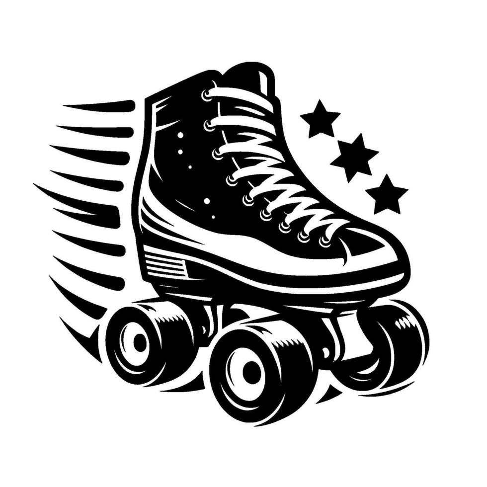 Dynamic Black and White Roller Skate with Motion Lines and Star Accents, Evoking Speed and Nostalgia. vector