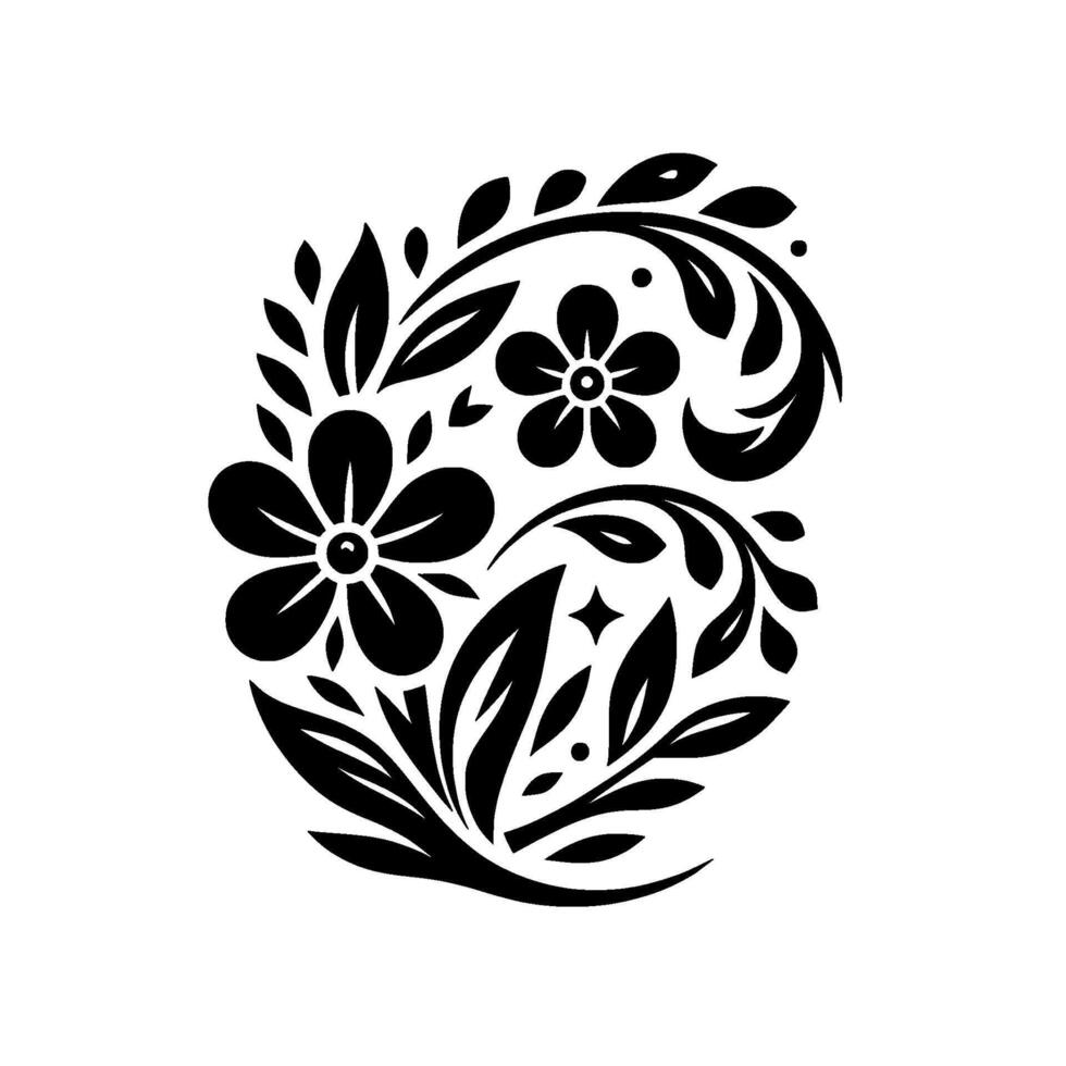 Elegant black and white floral with stylized flowers, leaves, and embellishments in a symmetrical, swirling arrangement, against a stark white background. vector