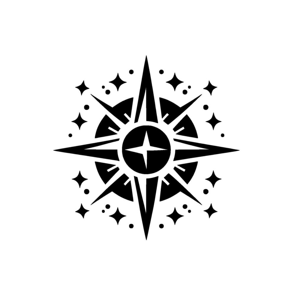 Starburst Compass Illustration, Black and White, Symbolic of Navigation and Guidance, Decorative . vector