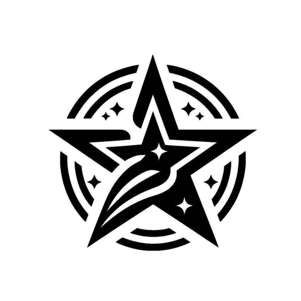 Bold black star with stylized elements and a circular frame, featuring embedded starbursts, on white background. vector
