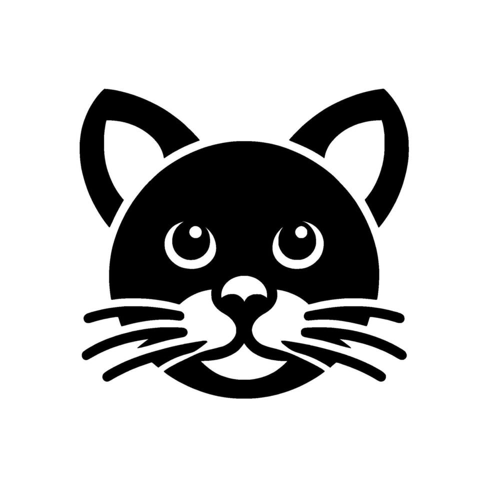 Clean, stylized black and white cat face illustration with a rounded head, expressive eyes, whiskers, and simple ears on a white background. vector