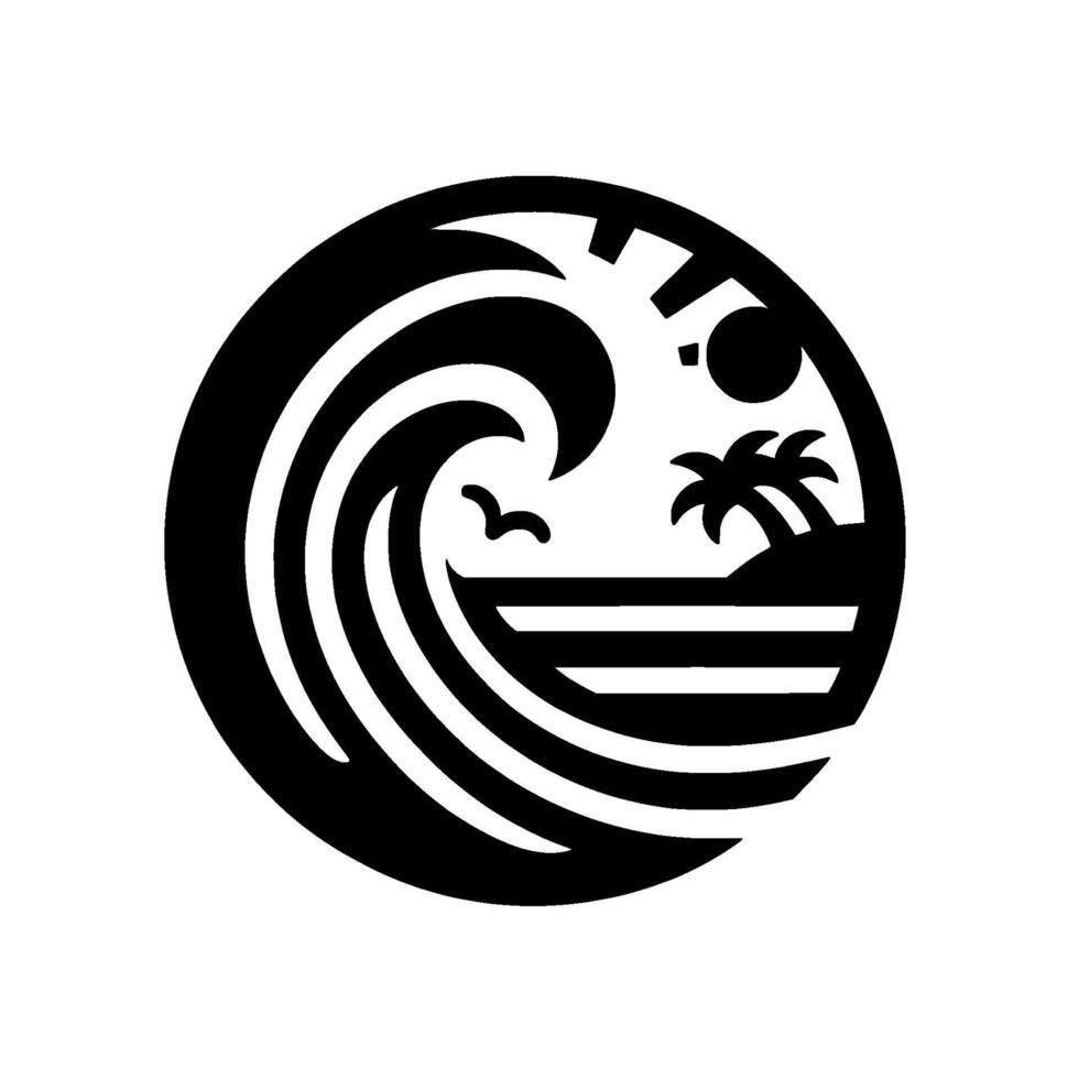 Circular, Black and White Emblem of a Coastal Scene Towering Wave, Palm Trees, Sun, Bird, and Ocean Lines on a Beach. vector