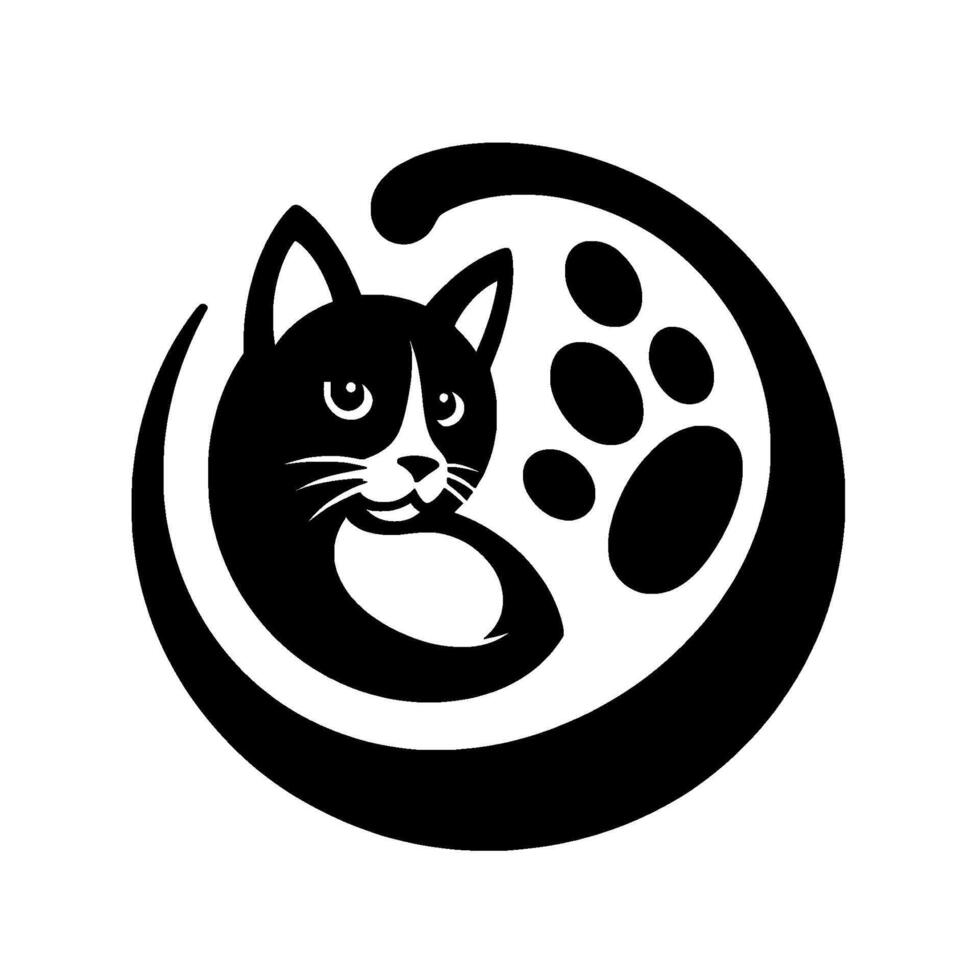 Black White Cat A stylized feline head and paw print within a circular frame, conveying a playful, and friendly pet shop or veterinary clinic vibe. vector