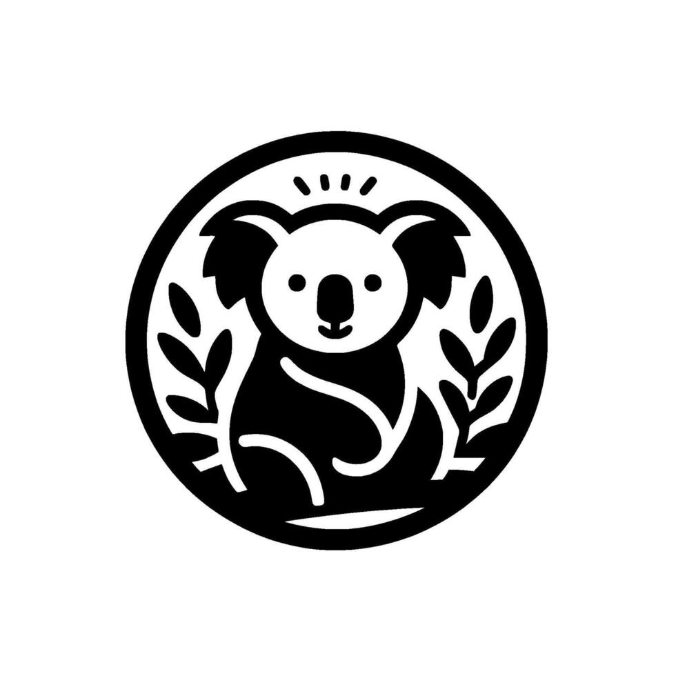 Black and white minimalist circular featuring a stylized koala bear amidst leafy branches, radiating warmth. vector