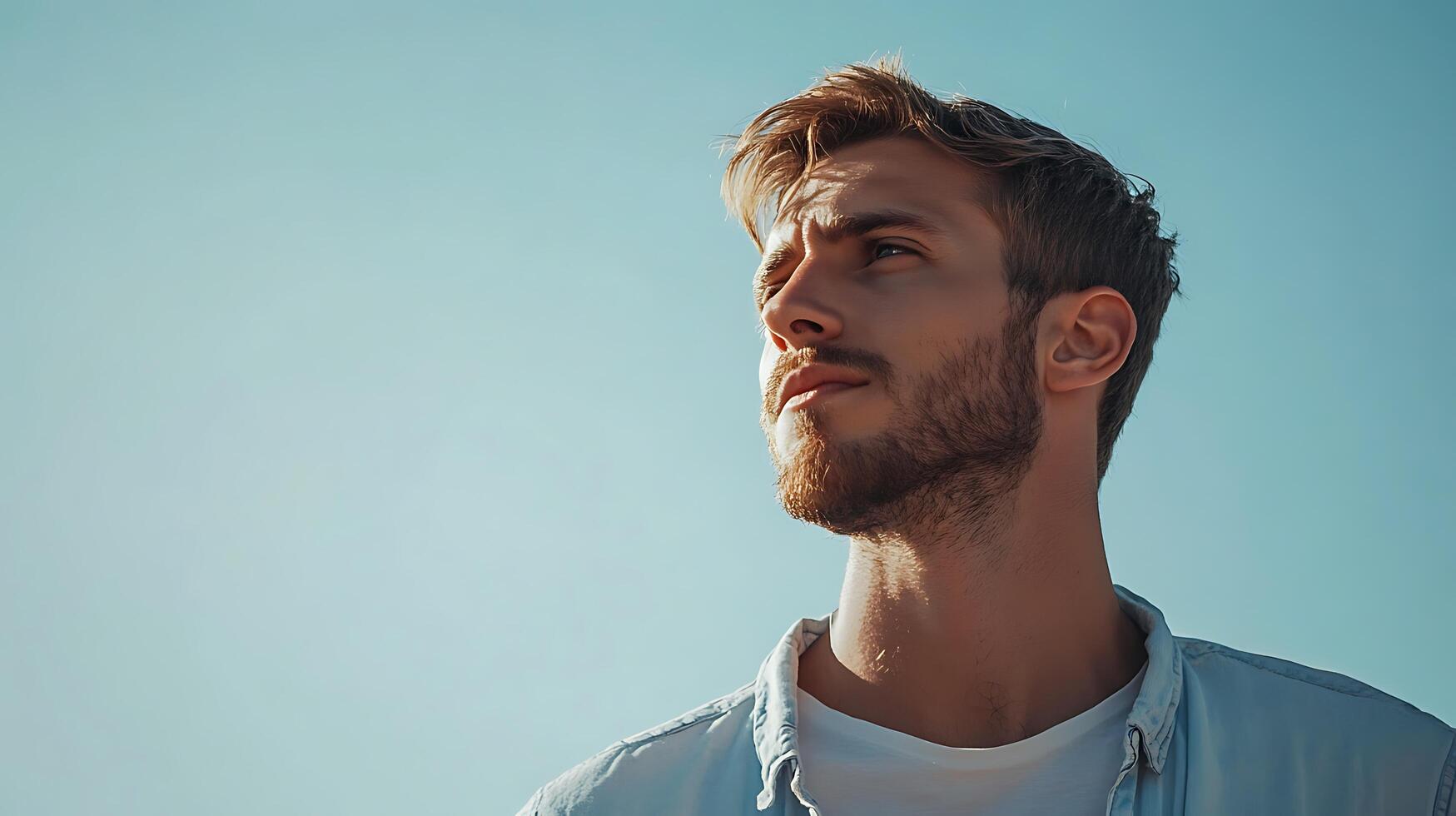 Focused man gazes up at the sky His gaze is thoughtful the light catching his profile A moment of contemplation in the open air photo