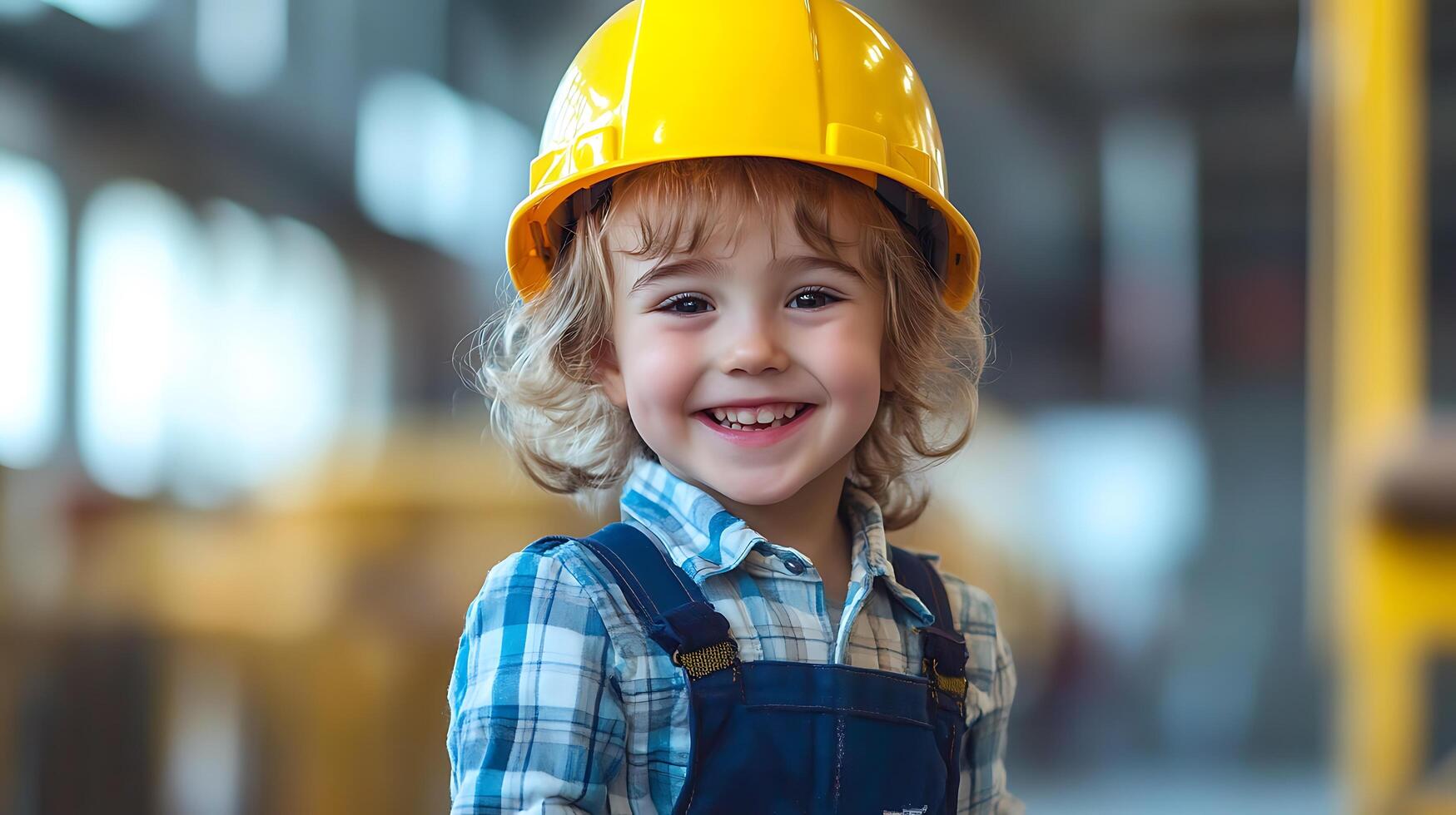 Young child with hard hat smiling embodying the spirit of future builders and the promise of tomorrow's innovations and skilled workers photo