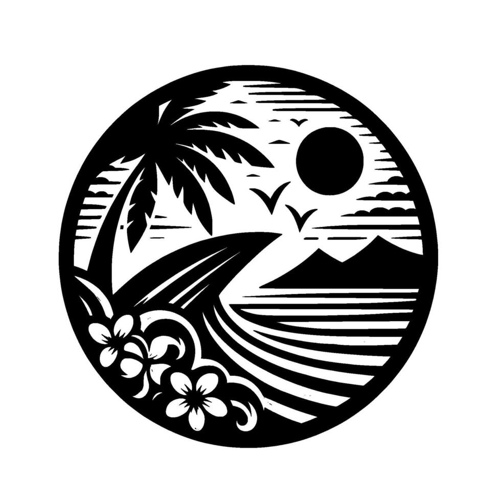 Black and white circular island scene with palm tree, ocean, mountains, sun, birds, flowers, and flowing stylized lines. vector