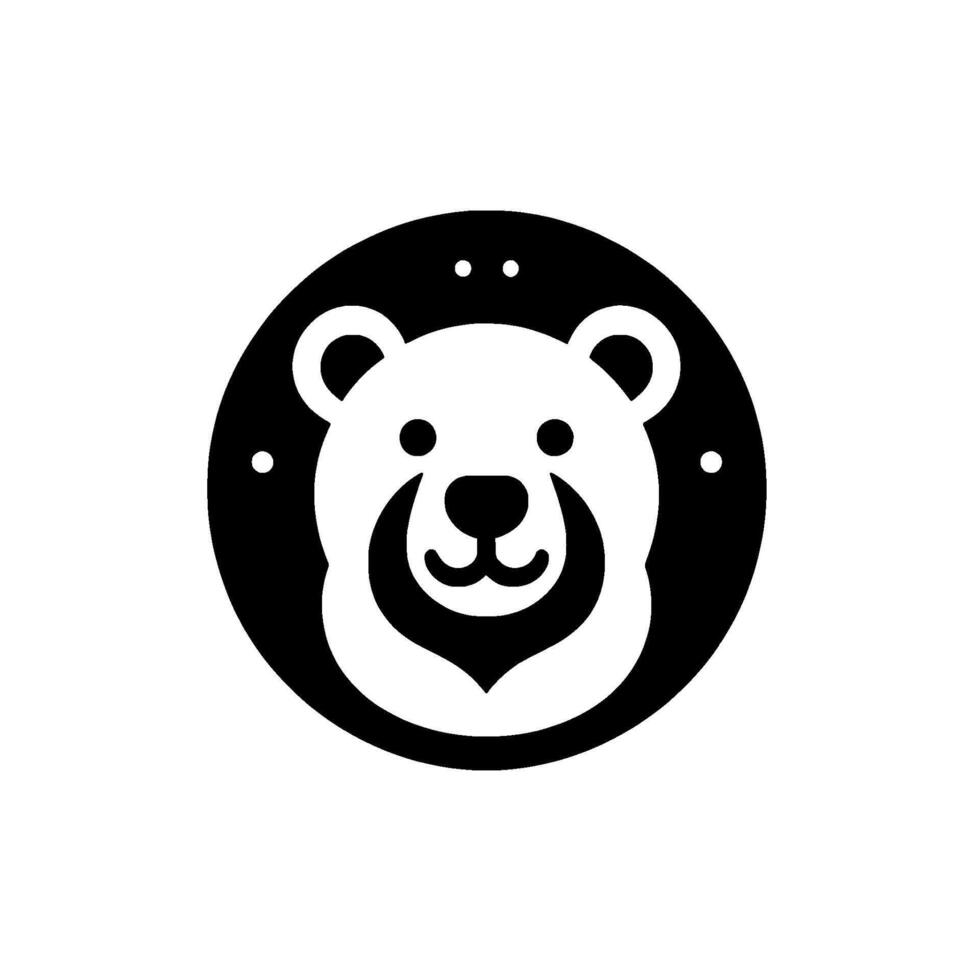 A minimalist black and white featuring a stylized, friendly bear face within a circular frame with dot accents. vector