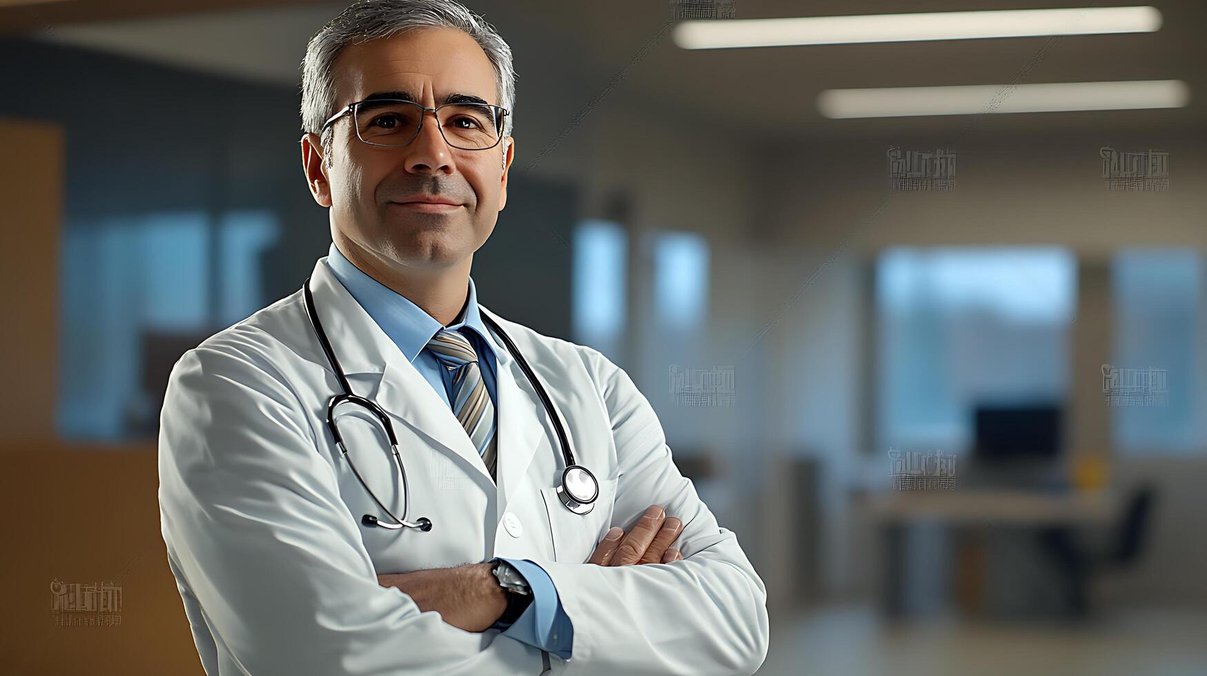 Confident healthcare professional in lab coat with stethoscope He is standing with his arms crossed Calm and composed doctor photo