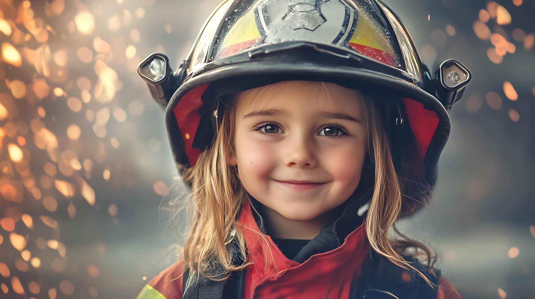 Brave little firefighter wearing a helmet radiating warmth and determination against a blurred backdrop of light and safety photo