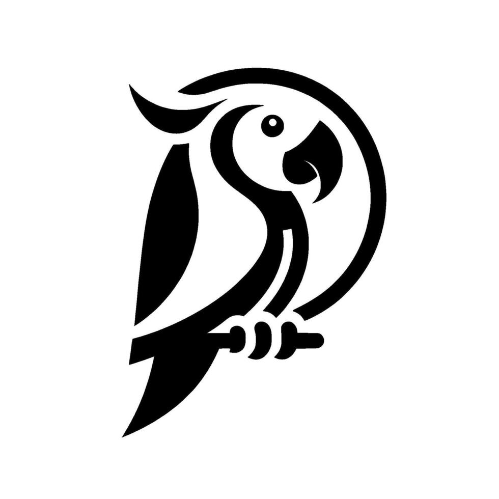 Stylized Black and White Parrot Perched on a Branch, Minimalist Illustration, Geometric vector