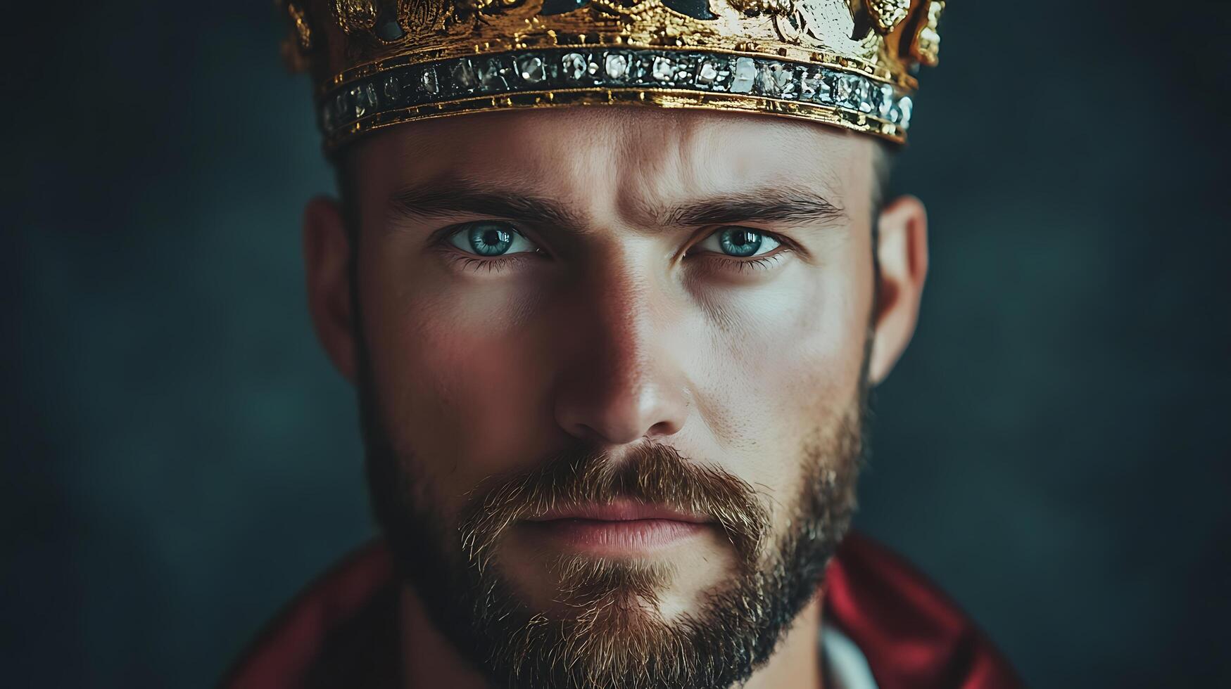 Portrait of a man with intense blue eyes and wearing a jeweled crown on his head with facial hair and serious expression photo