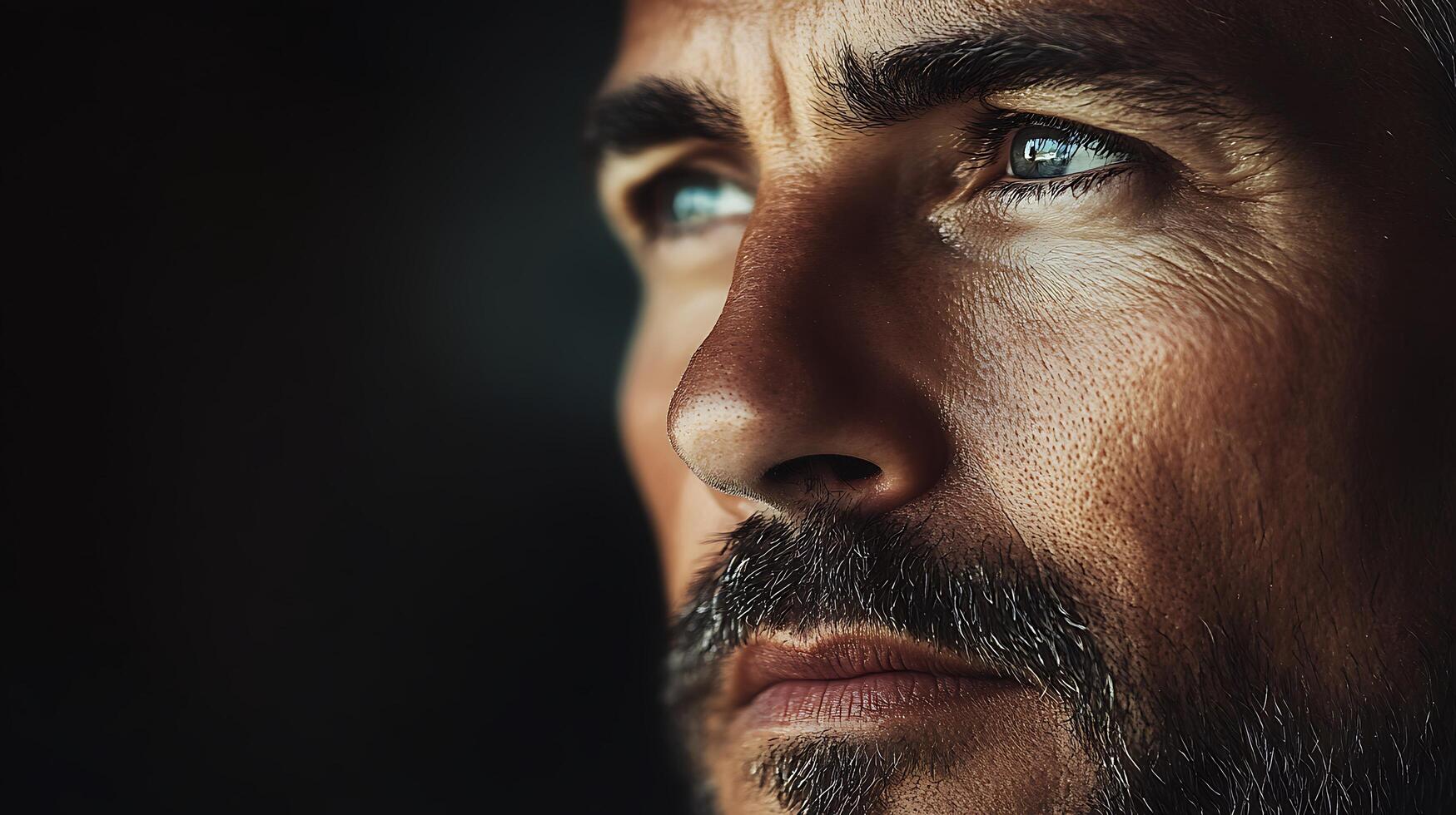 Intense gaze of a mature man with striking eyes and a distinguished beard lost in thought against a dark backdrop Portraits photo