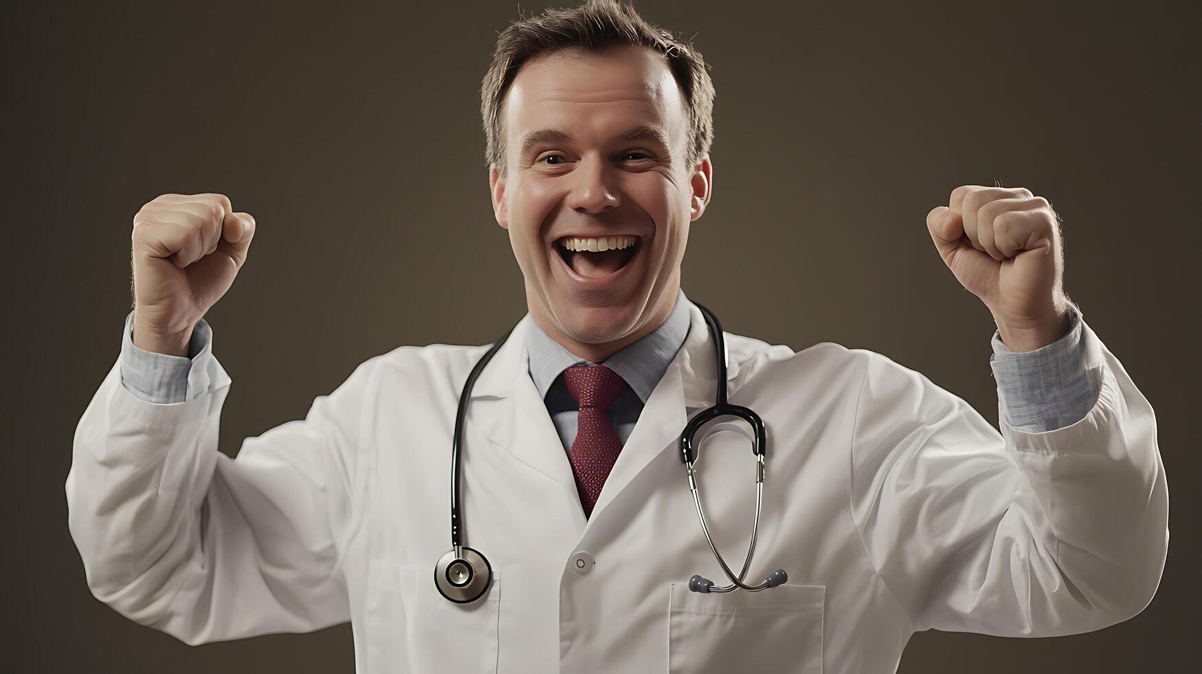 Triumphant doctor wearing a stethoscope and lab coat celebrates with raised fists showcasing success and excitement in healthcare photo