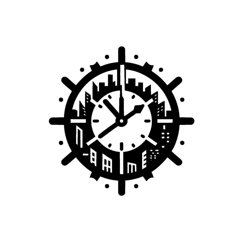 A stylized black and white illustration depicts time represented as a ships wheel with a clock face, cityscapes within. vector