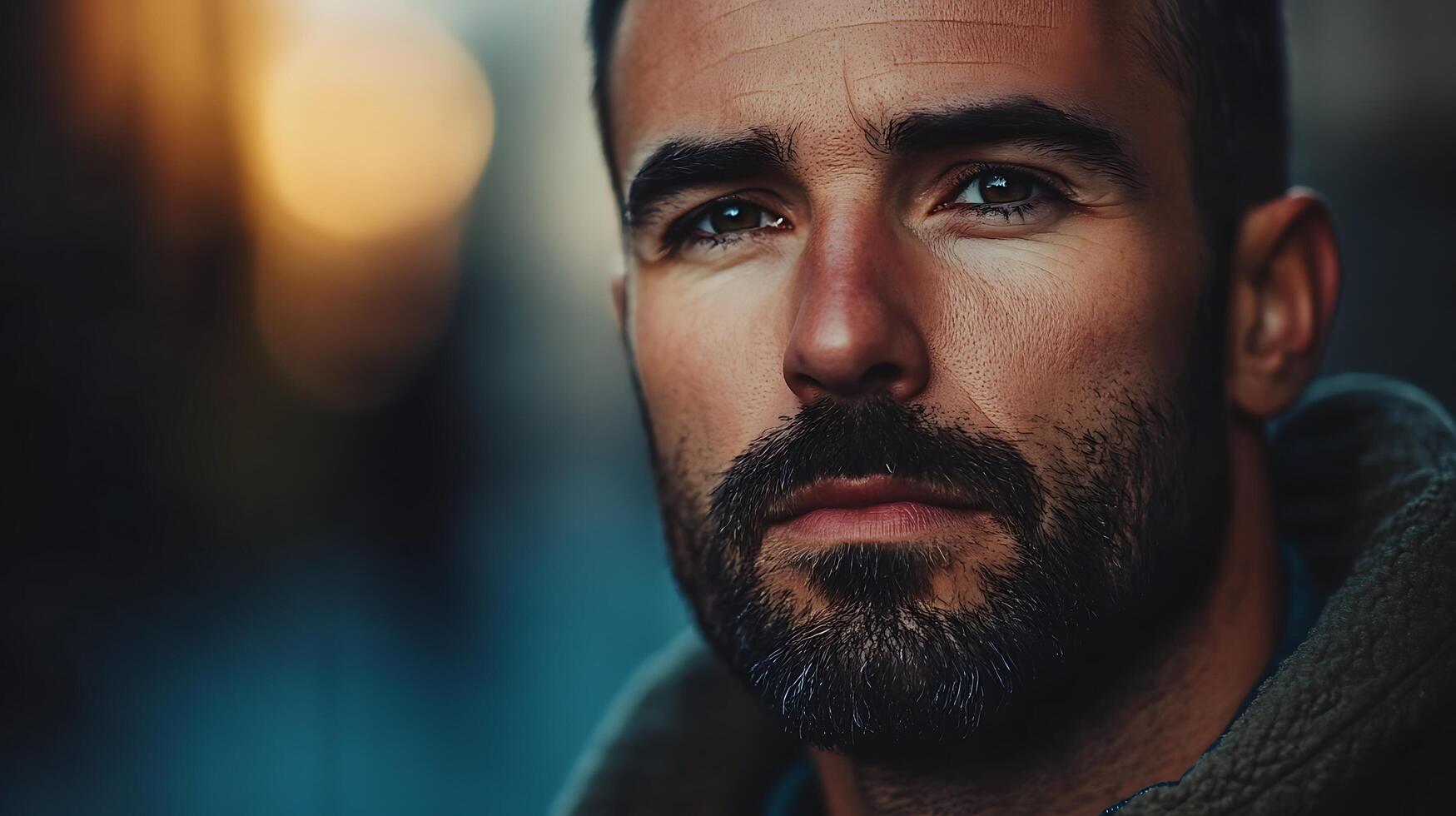 Intense gaze of a man with beard Close-up portrait with blurred bokeh background Expressive face captured in muted tones photo