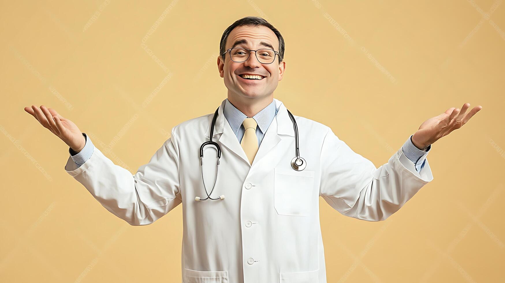 A friendly doctor with a welcoming smile extends his arms in a gesture of openness and positivity ready to assist patients in their care photo