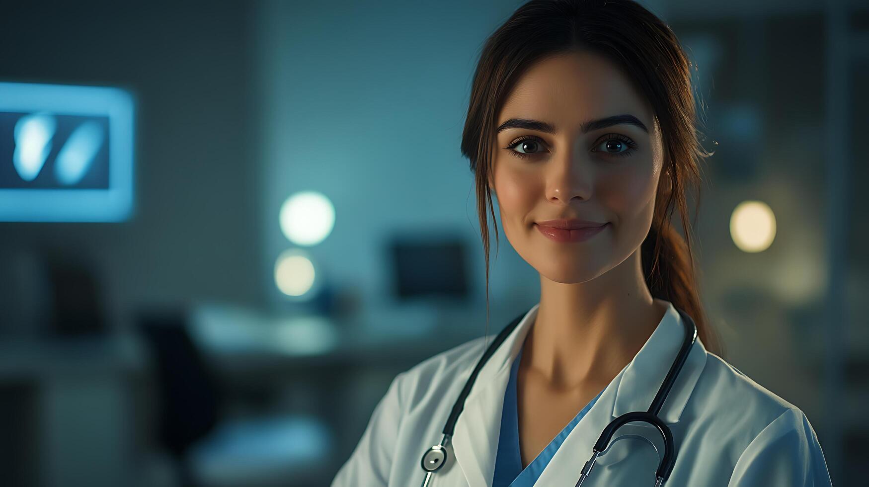 Friendly healthcare professional in a clinic setting Doctor with stethoscope around neck Confident competent and ready to help photo