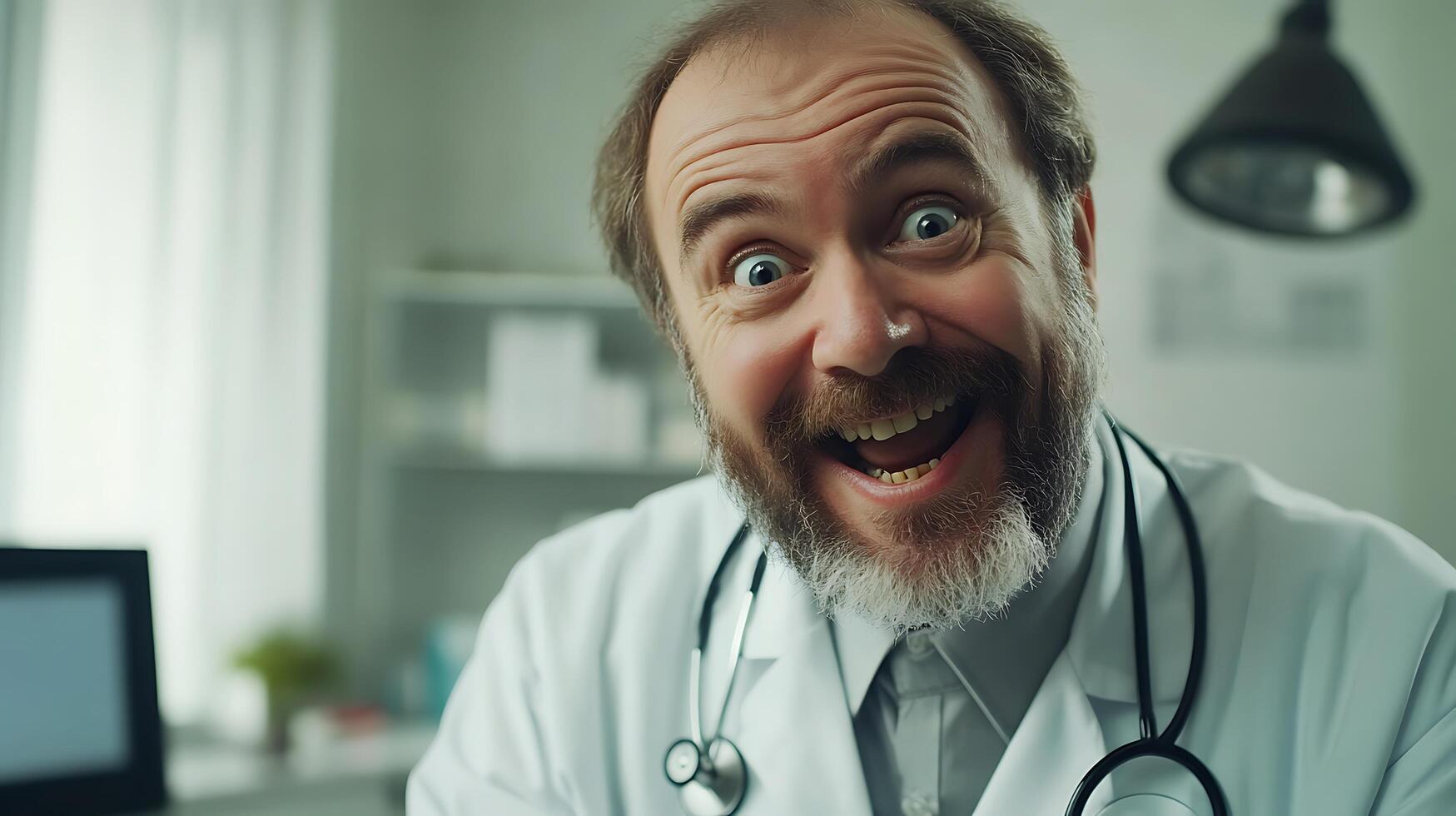 Excited doctor in white coat with stethoscope wide-eyed and smiling in a brightly lit medical setting Expressive and approachable photo