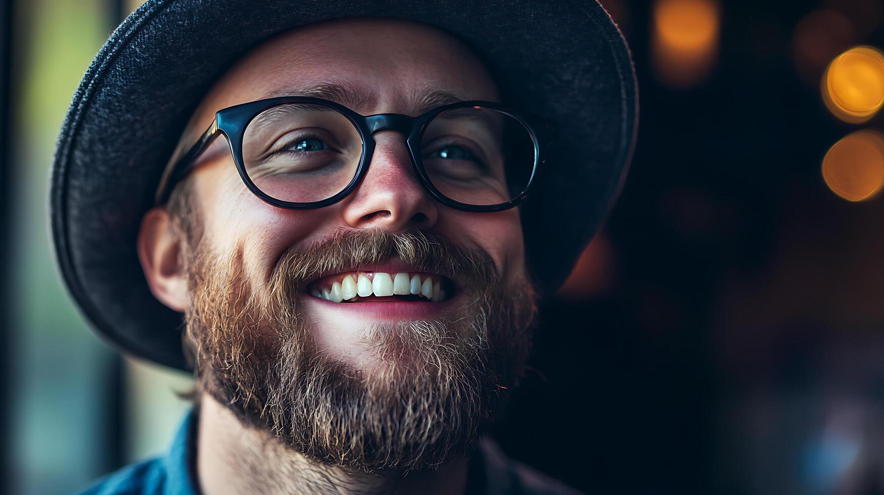 Bearded man with hat and glasses looks up and smiles radiating positive emotions He's fashionable friendly and joyful photo