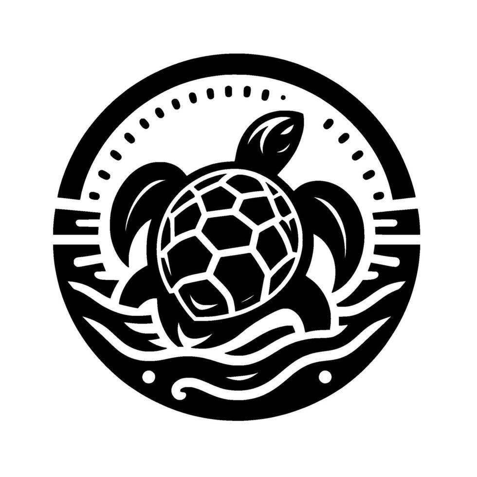 Black and white circular featuring a sea turtle in water, stylized, surrounded by decorative elements. vector