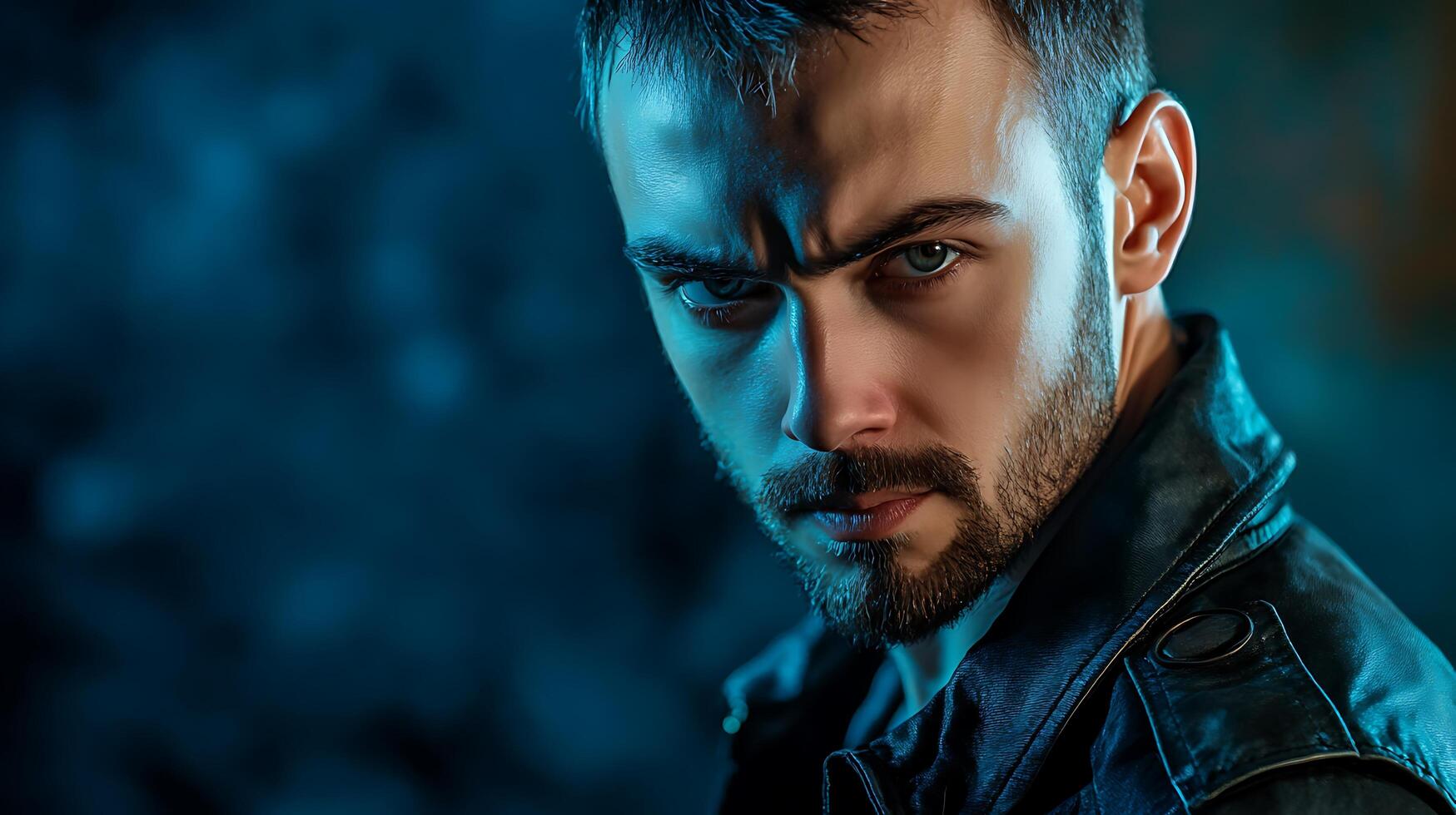 Intense portrait of a man with a serious expression wearing a leather jacket against a blurred blue background Moody atmosphere photo