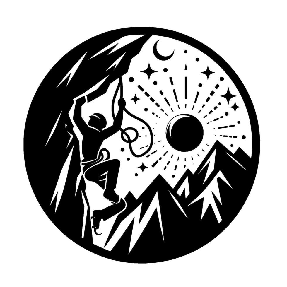 Silhouette of a Rock Climber Ascending a Mountain Under a Celestial Circle with Stars, Moon, and Sunburst. vector