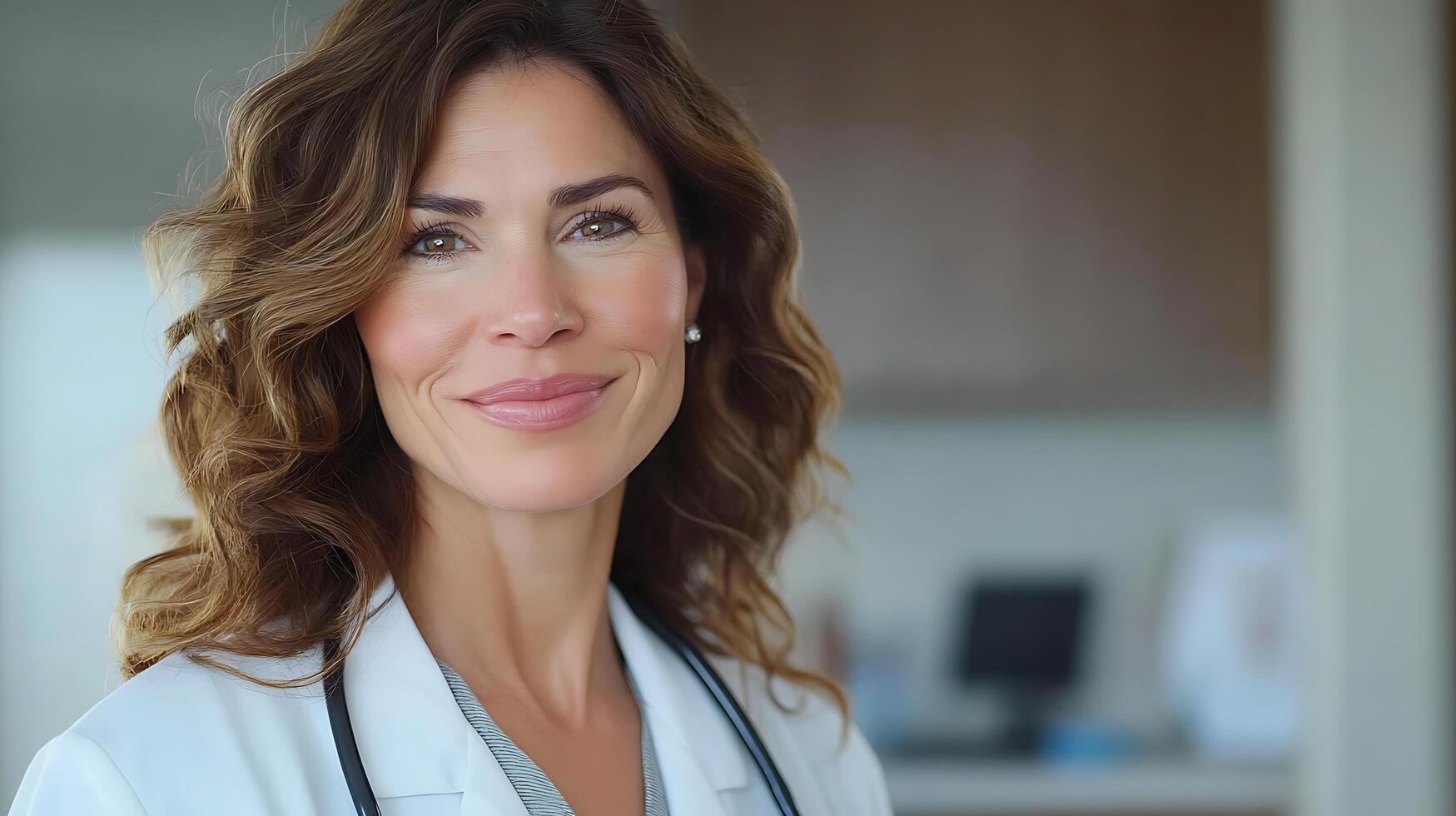 Confident medical professional with stethoscope in a modern setting She is smiling conveying approachability and medical care excellence photo