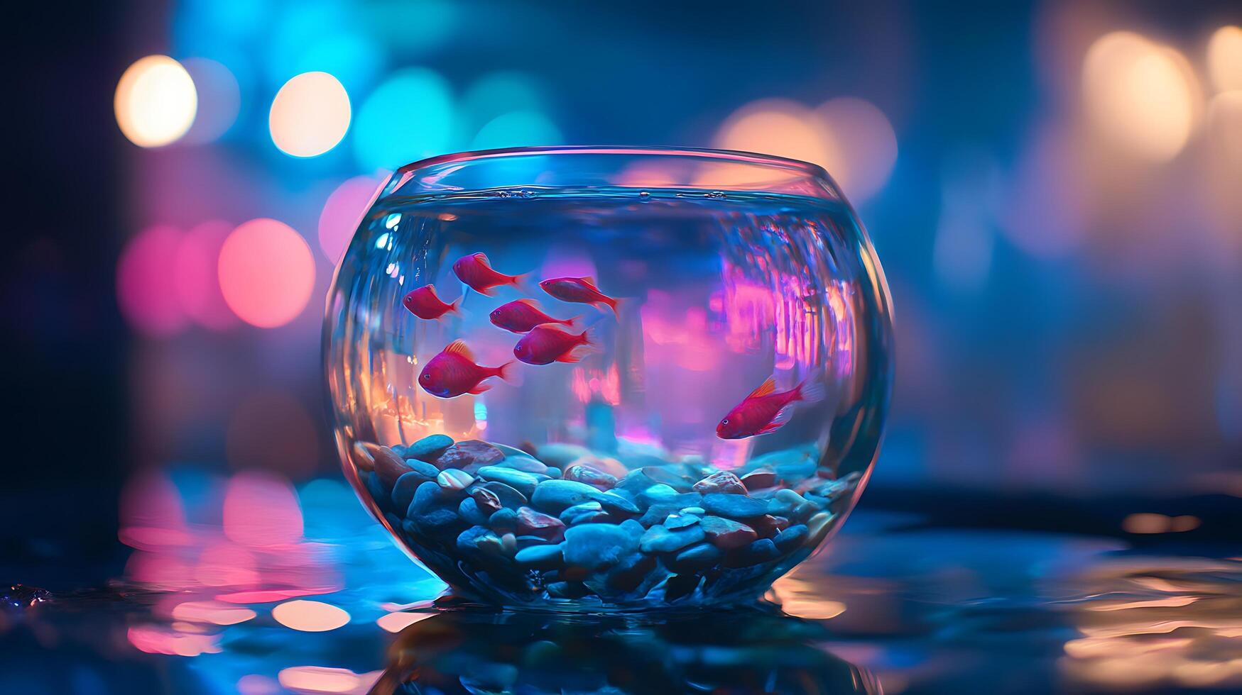 Serene aquarium scene with red fish swimming in a glass bowl filled with rocks all illuminated by vibrant colorful lighting photo