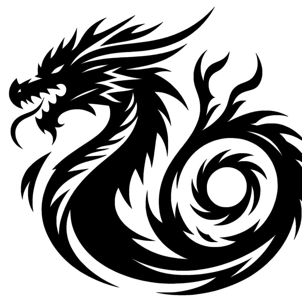 Sinister black and white tribal dragon tattoo with sharp spikes, swirling tail, and menacing open mouth, contrasting against a clean background. vector