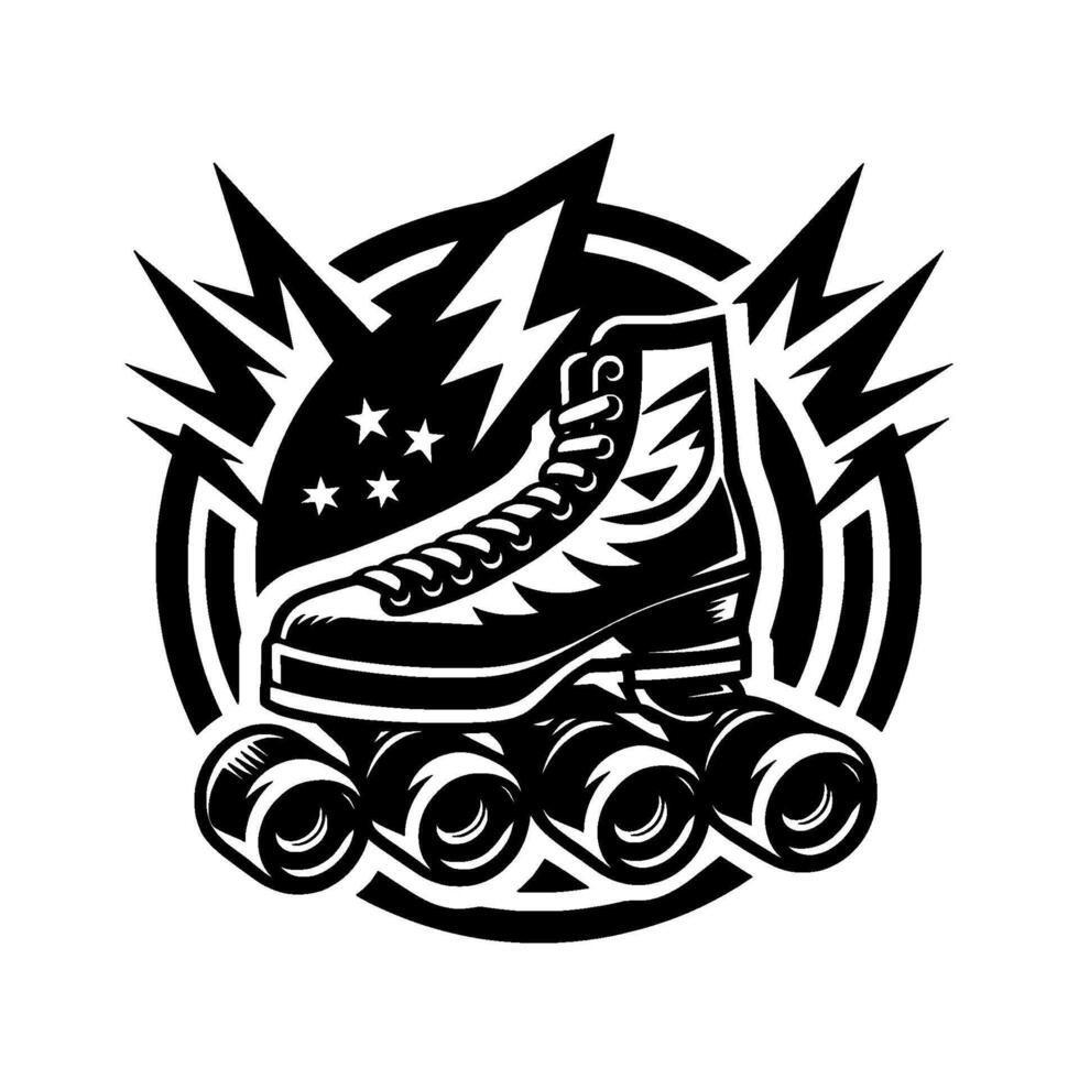 Bold, stylized black and white illustration of a roller skate encircled by stars, lightning, and a radial burst. vector