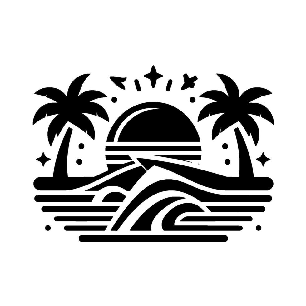 Black and white stylized illustration of a sunset with palm trees, waves, and stars, conveying tropical vacation vibes. vector