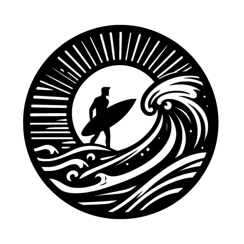 Silhouetted Surfer Standing on Waves, Holding Surfboard, Within a Circular Frame with Sun Rays and Dynamic Wave Crest, a Modern . vector