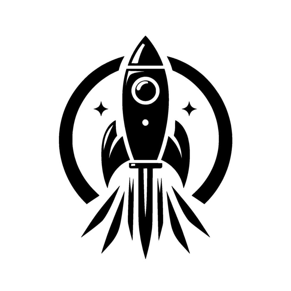 Black and White Rocket Ship Silhouette with Circular Frame, Stars and Firing Jets, Ideal for SpaceThemed Designs. vector