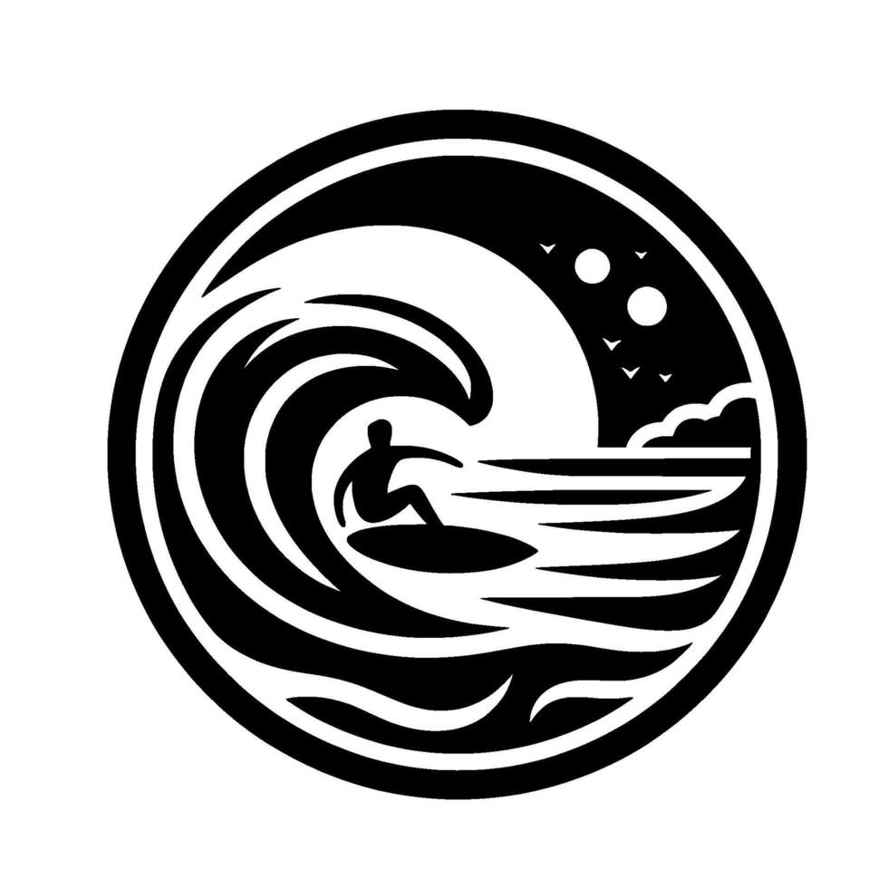 Circular Silhouette Surfer rides massive wave against a backdrop of a stylized seascape with sun, clouds, and birds. vector