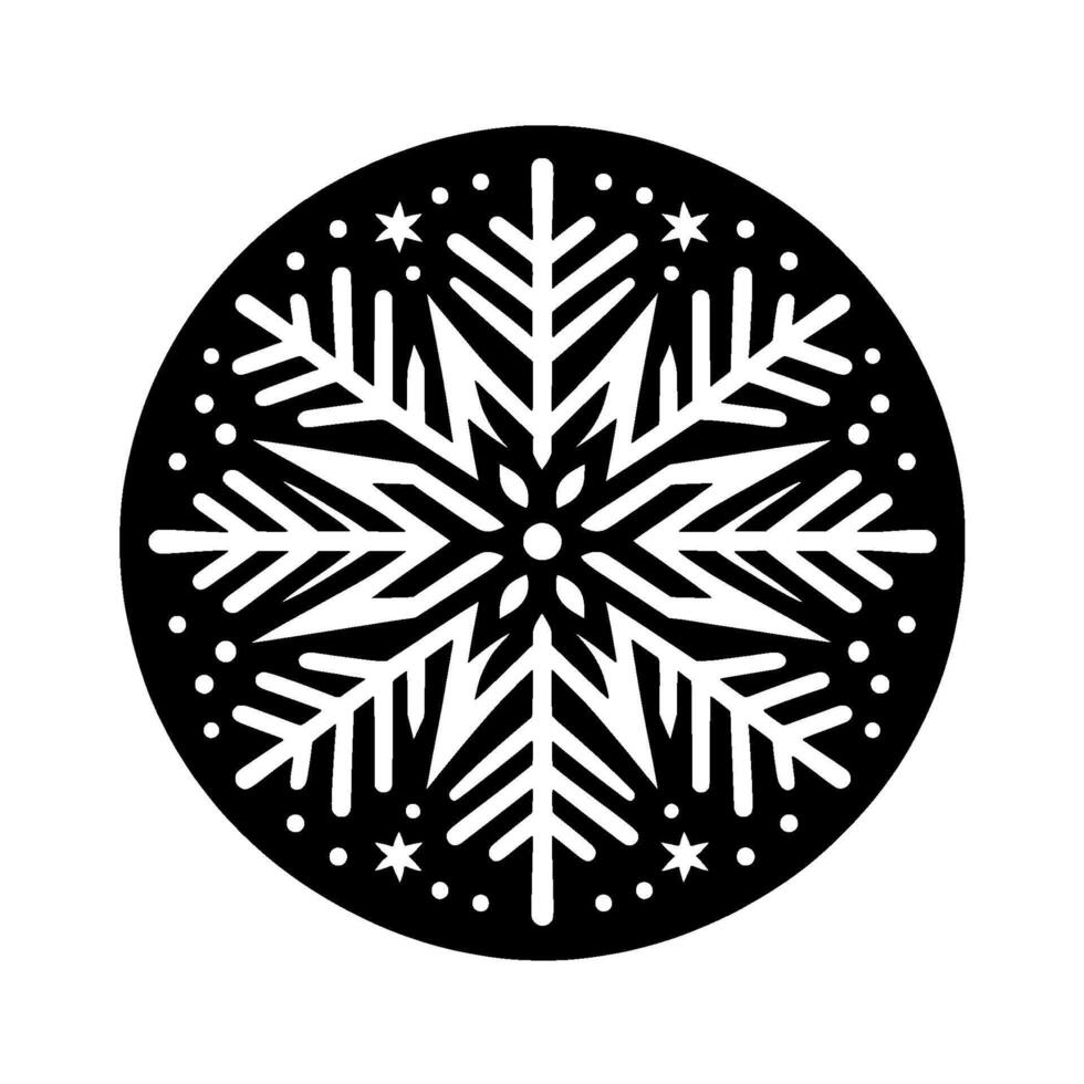 Black and white circular winter snowflake with star accents, creating a festive, symmetrical pattern on a bright white background. vector