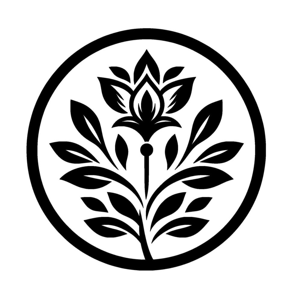 Circular Black and White Floral Emblem Depicting stylized symmetrical flower, leaves and stem on a white background. vector