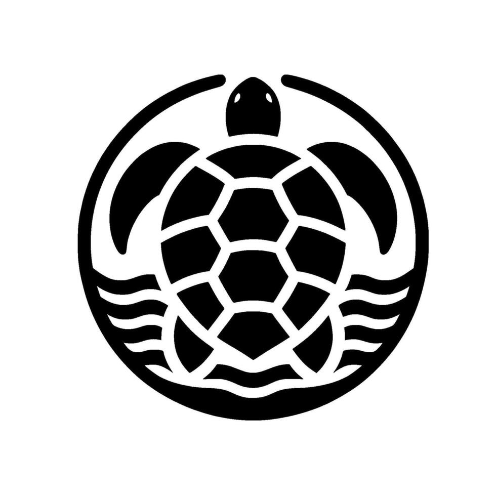 Simplified Black Sea Turtle Within Circle on White Background with Water Symbols, Artistic . vector