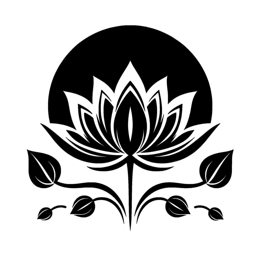 A stylized black and white lotus flower , encircled by a solid black semicircle, with leaves and buds accenting the . vector