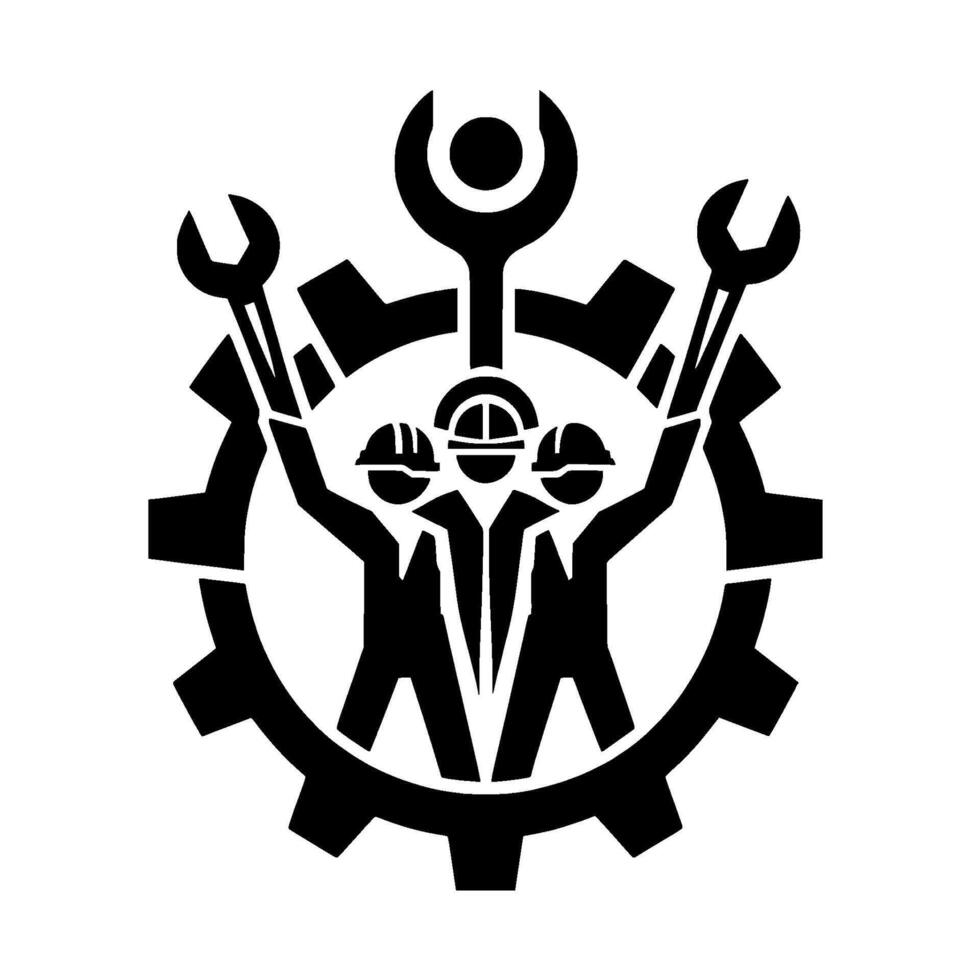 Silhouette of Three Workers with Wrenches Hard Hats Inside a Gear Industrial Teamwork Concept. vector