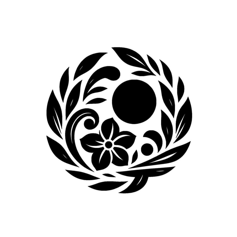 Elegant Black and White Circular Floral Motif Featuring a Flower, Leaves, Swirls, and a Central Orb vector