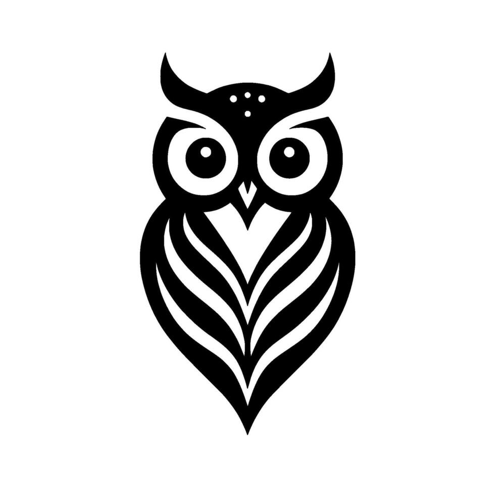 Minimalist Black and White Owl Illustration with Hornlike Feathers, Large Eyes, and a Geometric Feather , Centered on White. vector