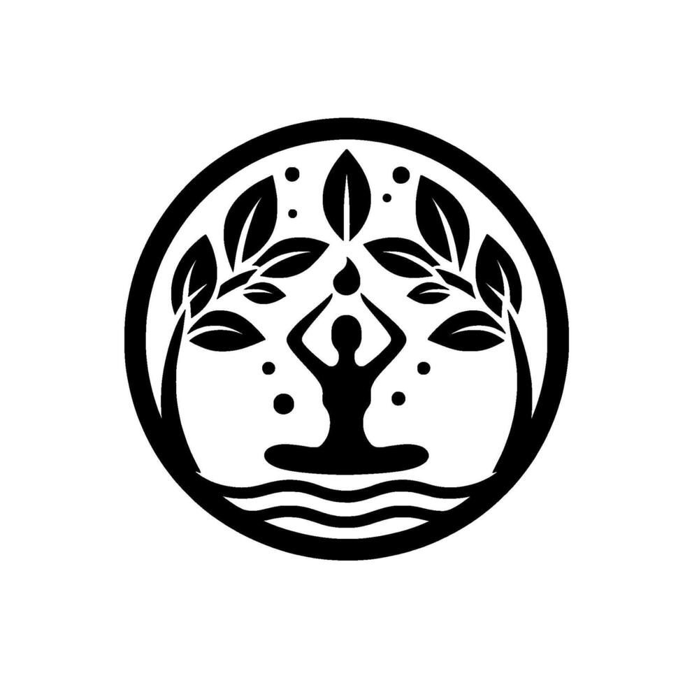 Black and White Circular A meditating figure beneath stylized tree branches and leaves, a drop of water above. vector