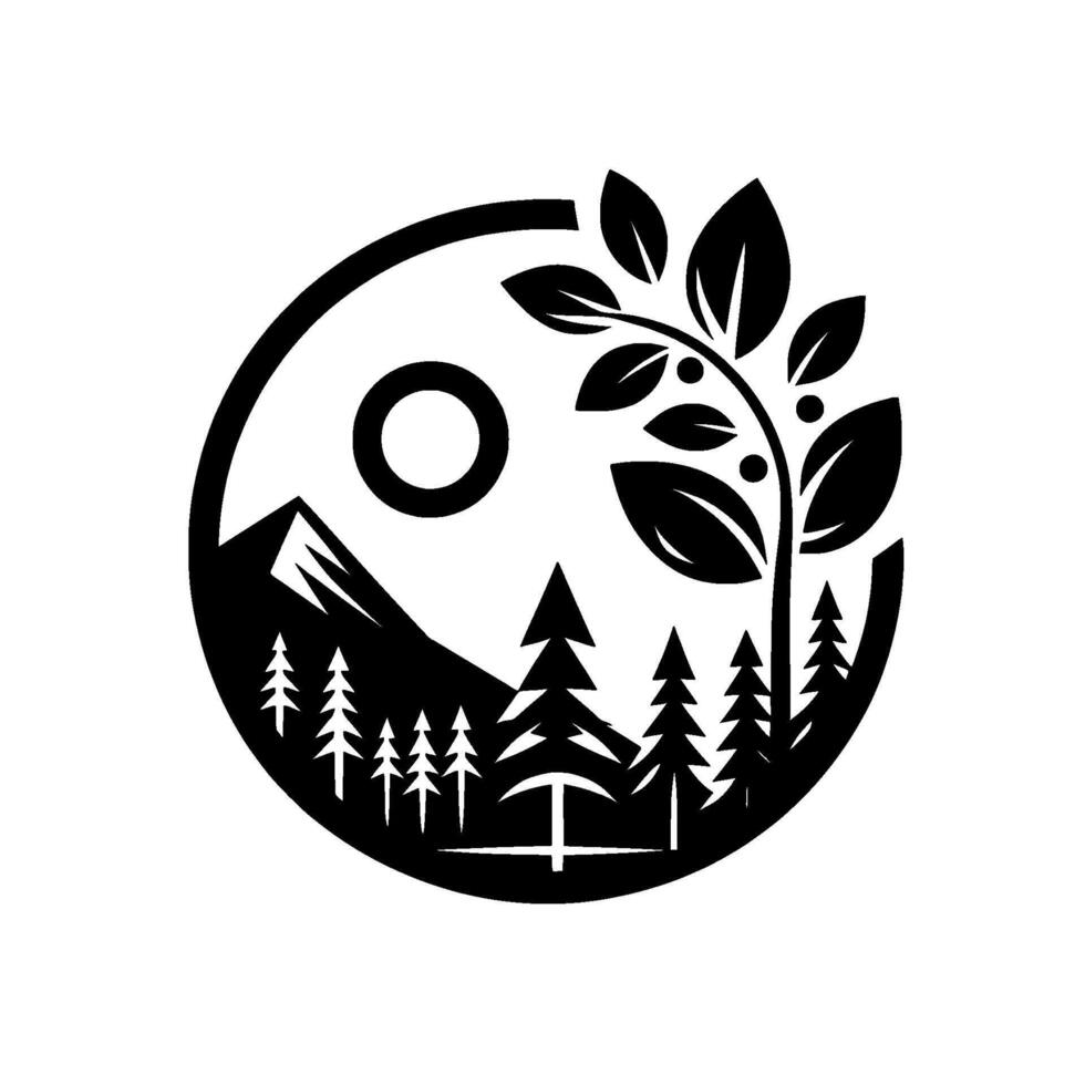 A stylized black and white nature scene in a circular frame, featuring mountains, trees, sun, and a leafy plant. vector