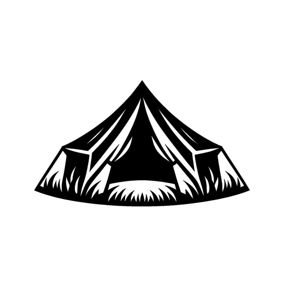 A stylized, symmetrical black and white illustration of a tent on a grassy knoll with a minimalist . vector
